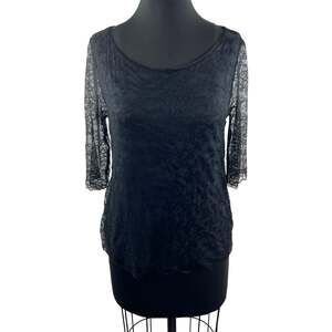 VELVET Black Lace Overlay Top Blouse 3/4 Round Neck Pullover Size M Medium